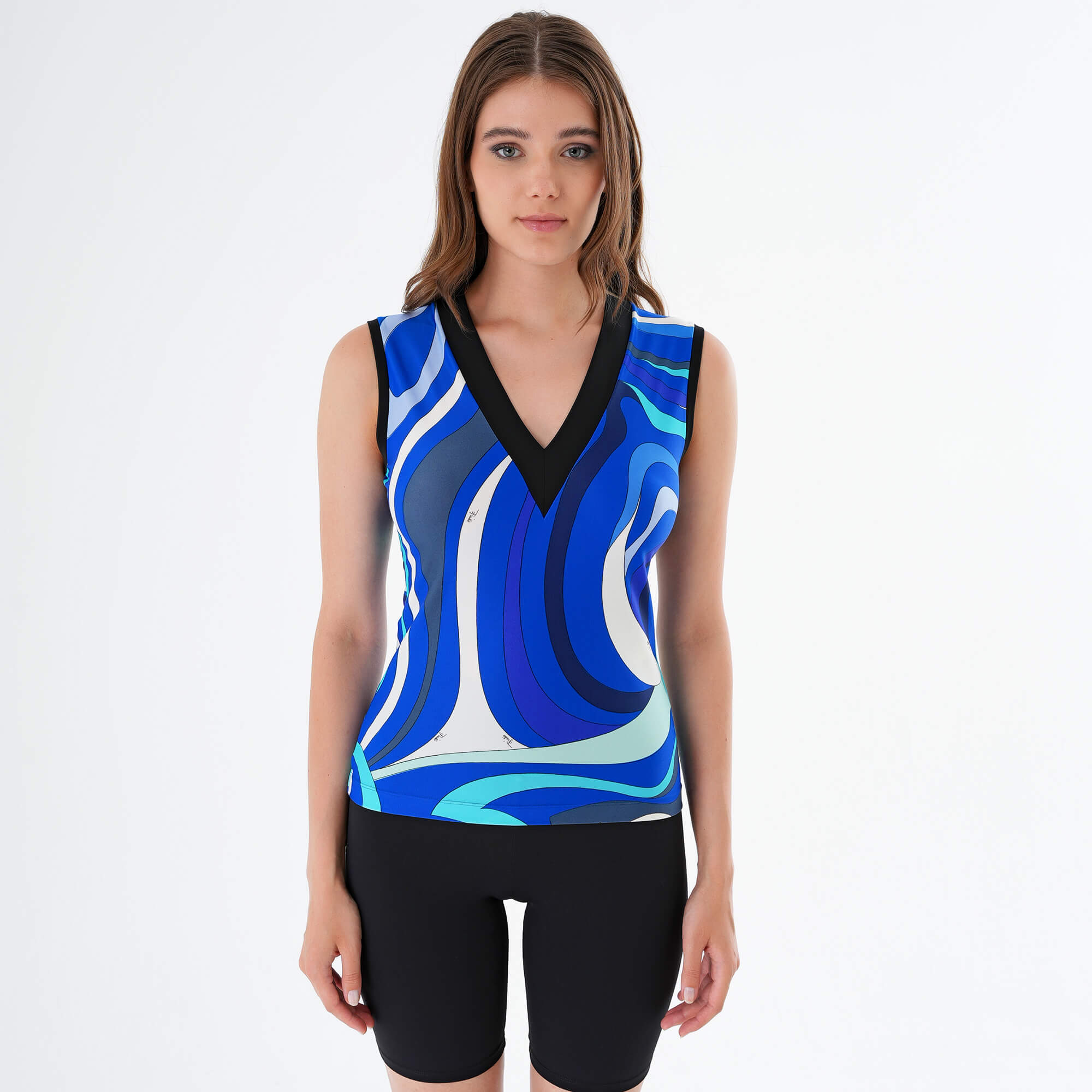 Emilio Pucci - Blue Marmo Print Sleeveless V Neck Blouse M